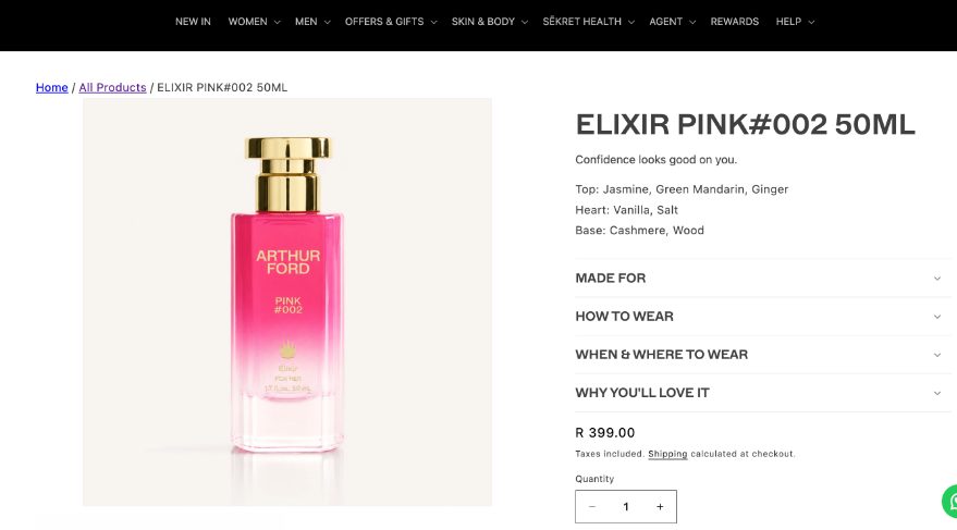 Arthur Ford product page for Elixir Pink #002 showing top, heart and base scent notes, price and quantity