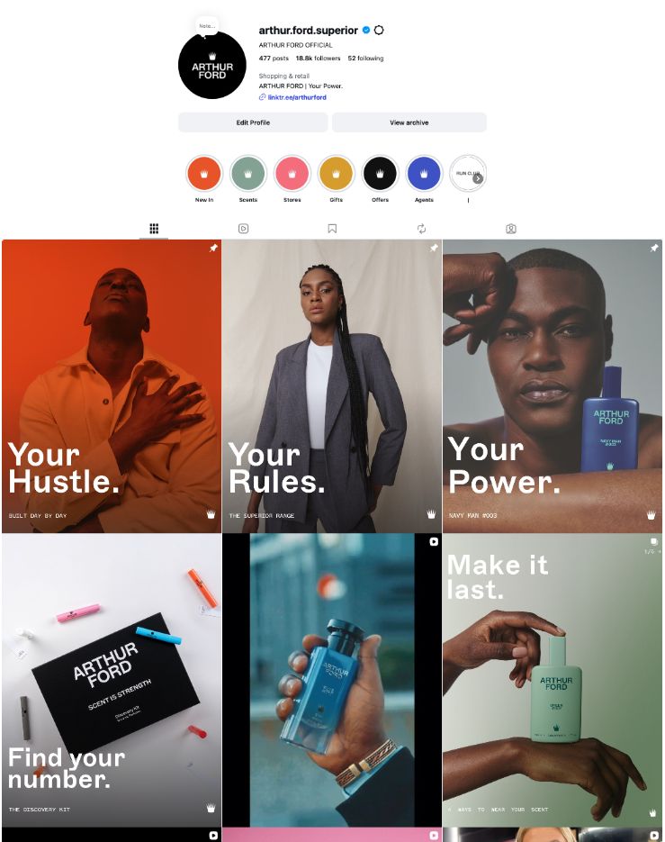 Arthur Ford Instagram profile grid with Your Hustle, Your Rules and Your Power campaign posts