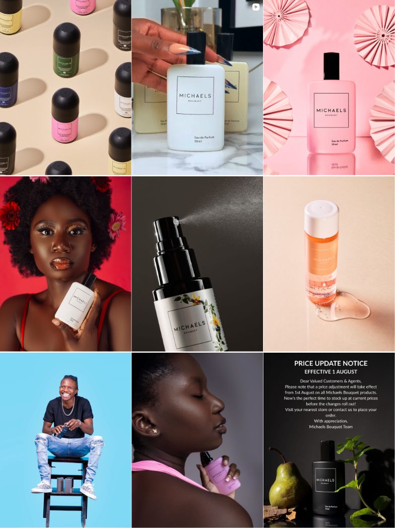 Michaels Bouquet Instagram grid from August 2025 with roll-on, body mist and model posts