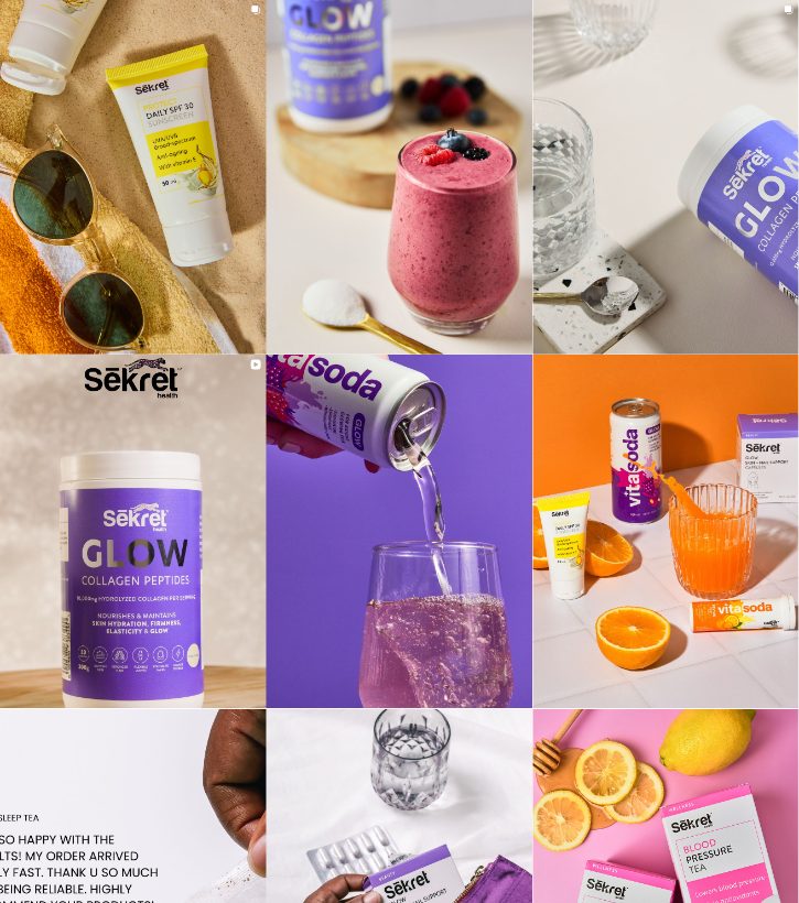 Sēkret Health Instagram grid from 2025 with Glow collagen and Vita Soda posts
