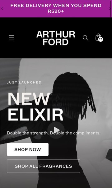 arthur-ford.com on mobile: free delivery bar and New Elixir video hero