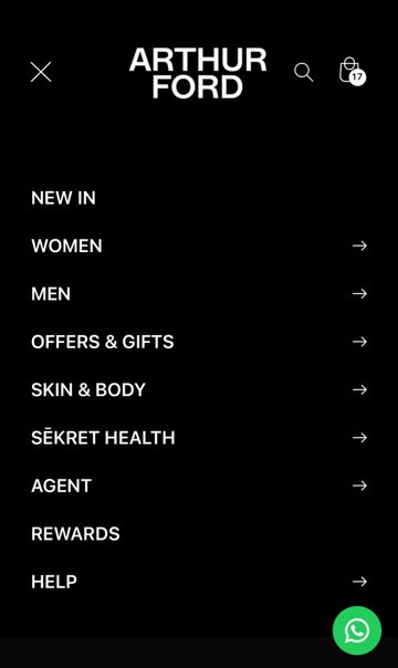 Mobile menu with New In, Women, Men, Offers, Skin and Body, Sēkret Health, Agent, Rewards and Help