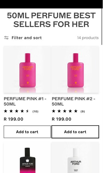 Mobile collection page for women's 50ml bestsellers with ratings, prices and add to cart