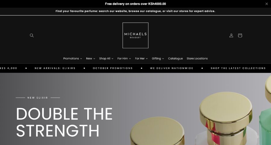 Michaels Bouquet homepage with Kenyan shilling free-delivery bar, store locations link and Elixir launch banner